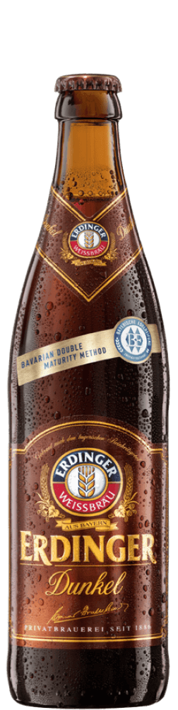 Eine Flasche ERDINGER Dunkles Weißbier.