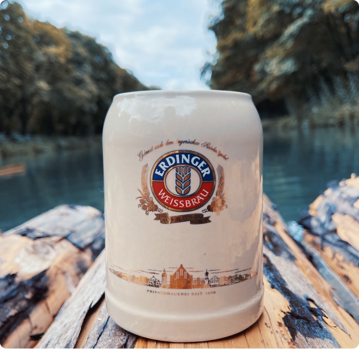 An ERDINGER stein is placed on a raft.