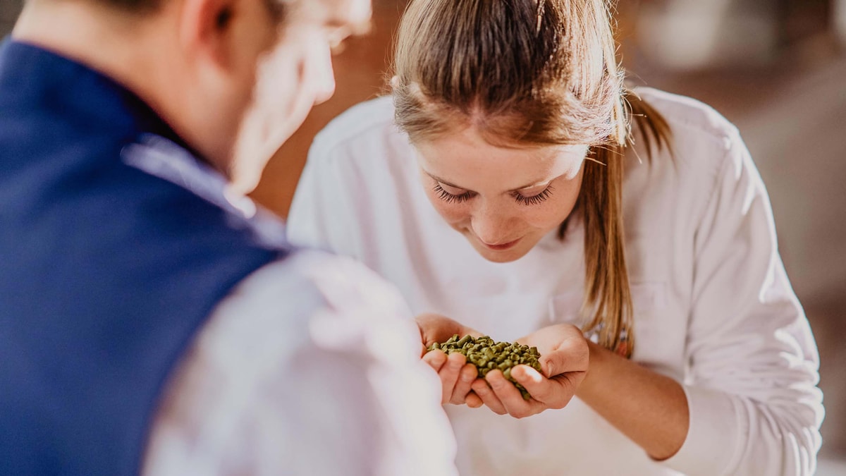 Two ERDINGER brewers inspect hop pellets, with the female brewer holding the hops in her hands and smelling them.